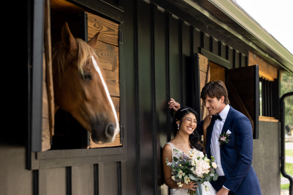 Wedding couple laughing at each other with a horse
